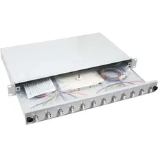EFB Elektronik LWL Spleißbox, LC bestückt, 12x LC Pigtails 50/125 μm, OM3, 48,30cm (19"), ausziehbar, hellgrau RAL, Server Zubehör, Grau