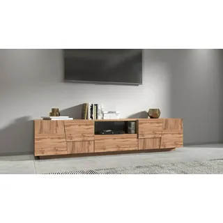 Dmora - TV-Ständer Vanni, niedriges Wohnzimmer-Kommode mit 4 Türen und 1 Schublade, TV-Ständer-Basis, 220x44x46 cm, Eiche