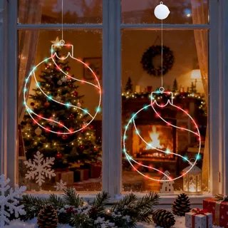 FemKey Weihnachtsdeko Fenster Beleuchtet, 2 Stück 30cm Weihnachtskugeln Fensterbeleuchtung Weihnachten mit Saugnäpfe, 78 LED Fensterlicht Batterie mit Timer, Lichtervorhang Weihnachten für Innen Party