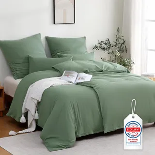 ATsense Bettwäsche 155x220 Baumwolle 4teilig, Stonewashed Bettwäsche-Sets Grün Ähnlich wie Leinen, Oeko-TEX, Hypoallergen und Atmungsaktiv, 2 Bettbezug und 2 Kissenbezug 80x80