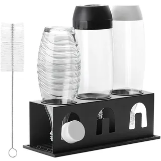 ACTIV CUISINE Flaschenhalter für Sodastream Duo Crystal Flaschen, 3er Edelstahl Abtropfhalter Abtropfständer Abtropfgestell mit Schutzringe, Abtropfmatte, Deckelhalter und Flaschenbürste, Schwarz