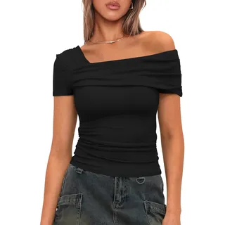 Darong Damen Sommer One Off Shoulder Kurzarm Top Geraffte Ausgehen Tops Slim Fit Y2K Shirt, Schwarz, X-Klein