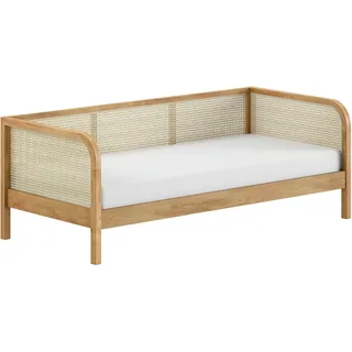 Home Affaire »Olive, mit Eiche massiven Bettpfosten, Bettseiten furniert« B/H/T ca. 210x75x96,6cm, Auf. natur, zeitloses Design, 90/200 inkl. Lattenrost und trendigen Rattan Kopf- u. Seitenteilen,
