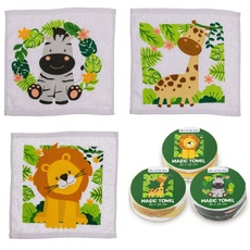damaloo 3X Magisches Handtuch Kinder mit Tiermotiv - Zaubertuch mit Safaritiere Motiv - Magic Towel für Kids - Magische Handtücher Set für Mädchen & Jungen - Zauber Waschlappen aus Baumwolle 30x30