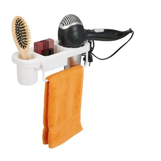 Relaxdays Föhn Halterung ohne Bohren, Kunststoff, mit Kabelhalter & Ablagen, Föhnhalter Wand, HBT: 9x30x10,5 cm, weiß