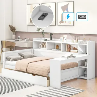okwish Schlafsofa Daybett 90x200cm mit Lattenrost, Tagesbett Kinderbett mit Nachttischablage und Untertischablage, Bett mit Steckdose und USB-Anschluss, 2 Schubladen, Schreibtisch, ohne Matratze, Spanplatte, Weiß - Weiß
