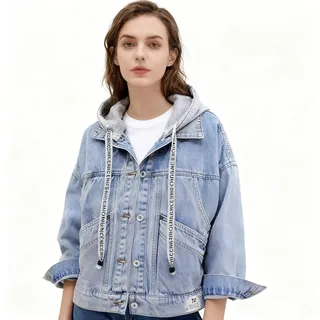 Damen Jeansjacke, Damen-Jeansjacke Modische Blaue Abnehmbare Kapuzen-Langarm-Jeans-Trucker-Jacke Mit Vintage-Lose-Waschung Faded Denim Coat Spring Transition Casual Outwear (S)