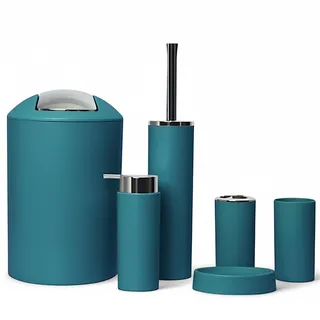 6tlg Badset Badezimmer Zubehör Set Organizer: Seifenspender, Zahnputzbecher, Kosmetikeimer, WC Bürste und Halter, Seifenschale, Mülleimer, Zahnbürstenhalter, Badgarnitur (Dunkel Türkis Design 2a)