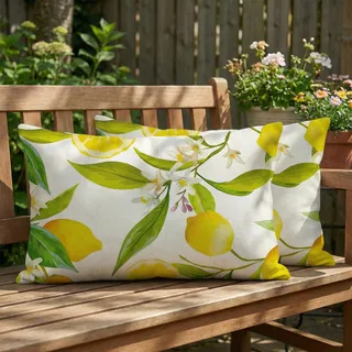 Vorysum wasserdichte Leinen Kissenbezüge 2er Set – Zitronen Muster Sommer Outdoor – Zitronen Früchte und Blätter – 30x50 cm – Wasserabweisende Kissenhülle für Garten, Balkon, Camping