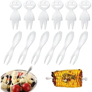 Unyqoos® Maiskolbenhalter aus Edelstahl 304 – 12er Set (6 klassisch + 6 Smiley), 5,5 cm Maisgabeln für BBQ, Grill, Obst & Salat - Silber