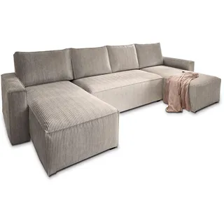 Masseno Wohnlandschaft Aspra Beige Kordstoff mit Schlaffunktion , Holz , U-Form , 295x85x140 cm , Wohnzimmer, Sofas & Couches, Wohnlandschaften, Wohnlandschaften in U-Form
