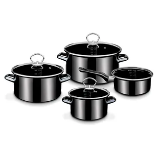 Kochtopfset Profi-Black-Star – hochwertiges Set mit 3 Töpfen und 1 Kasserolle, inkl. Deckel, auch für Induktion – Stahl-Emaille, 7-teilig - Schwarz