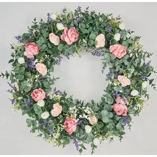 Avoeco Künstlicher Kranz Ø56 cm für Haustür, grüner Türkranz für Frühling, Sommer und ganzjährige Dekoration, mit Blumen, ideal für Bauernhaus, Hochzeit und saisonale Deko (B Rose)