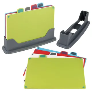 FAAING 8 Stück Schneidebretter Kunststoff Farbig Set, 4 Farben Kunststoff Frühstücksbrettchen Küchenbrett, Spülmaschinenfest Schneidebretter Set mit Ständer für Fleisch, Gemüse, Obst, Brot