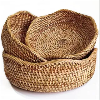 Rattan Aufbewahrungskörbe rund, handgeflochtene Körbchen aus natürlichem Rattan, Obstkorb und Dekokorb für Küche & Wohnzimmer, 3er Set