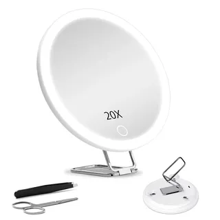 JJhxr 20X Vergrößerungsspiegel mit Licht,15.24 cm großer Makeup Vergrößerungsspiegel, 3 Farben Dimmbarer Makeup Spiegel mit 360° Tischständer, Tragbarer LED Vergrößerungsspiegel mit 3 Saugnäpfen