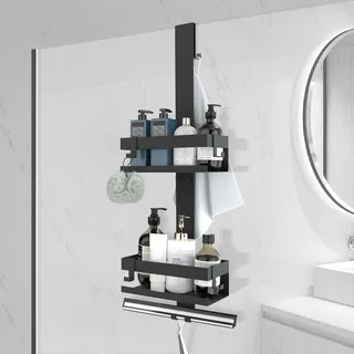 UUlioyer Duschablage zum Hängen, Duschregal aus Edelstahl SUS304 Ohne Bohrer für Rahmenlos Glastür, Shampoo Duschgel Halterung für Dusche, Schwarz (Stil A)