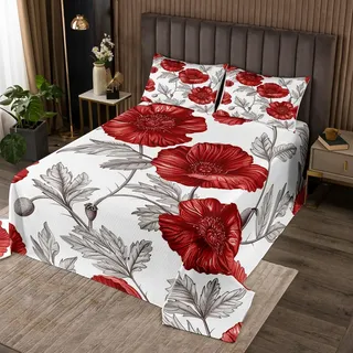 Loussiesd Kinder Mohnblume Tagesdecke 240x260cm Rot Floral Blume Bettüberwurf für Mädchen Jungen Botanik Natur Garten Steppdecke Die ganze Saison Home Dekor,1 Steppdecke mit 2 Kissenbezüge