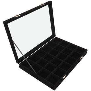 BELLE VOUS Schwarzer Samt Jewelry Organizer mit 24 Fächern & Glasdeckel - Schmuckkasten Groß & Stapelbar - Verstellbare Organizer Schmuck Fächer für Ringe, Ohrringe, Uhren & Ketten Aufbewahrung