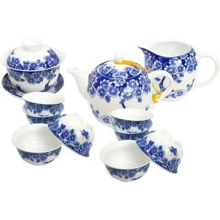 Tea Soul Weißes Porzellan, dekoriert mit schönen Bildern von Schmetterlingen und Blumen in blau: das Teeservice besteht aus einem Gaiwan, einen Krug, Teekanne und acht Tassen, None