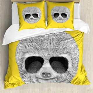 ABAKUHAUS Faultier Bettbezug, Hipster-Dschungel-Tier, Milbensicher Allergiker geeignet mit Kissenbezügen, 200 cm x 200 cm - 80 x 80 cm, gelb Grau - Grau