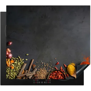 KitchenYeah© Herdabdeckplatte Einteilig Glaskeramikkochfeld Abdeckplatte Küche Deko | 60x52 cm - Glaskeramikkochfeldabdeckung Herdabdeckung Induktionsmatte Kräuter - Beton - Lebensmittel - Gewürze - Schwarz - Paprika
