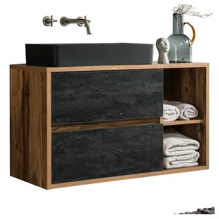 Lomadox - Waschtischunterschrank 100 cm Keramik-Waschbecken HARLOW-56 Eiche mit Beton Dunkel, B/H/T ca. 100/71/46 cm