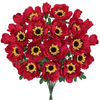 Hollyone 2 Bündel Kunstblume Mohnblumen Künstlich Rot Dekoblume mit 7 Blütenköpfen Seidenblumen wie echt Mohn Blumengesteck für Herbstdeko Party Home Büro Tischdeko