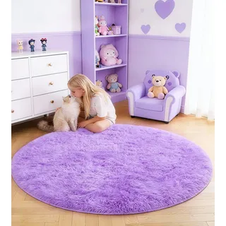 VOFUSHON Teppich Kinderzimmer Rund 100 cm Violett | Waschbar, Kinderzimmer Mädchen Junge, OEKO-TEX Zertifiziert, Schlafzimmer, Flauschig, Rutschfeste Unterseite