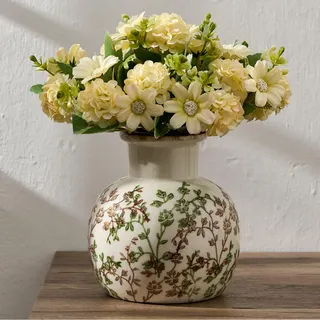 Grüne und beige antike Vase, 14,9 cm Chinoiserie-Blumendesign, rustikale Keramikvase für Heimdekoration, Wohnzimmer, Bücherregal, Büro, Eingangsbereich, Grand Millennial Dekor, Chinoiserie-Dekor