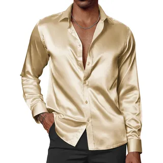 PJ PAUL JONES Herren Glänzende Satin Kleid Shirts Langarm Button Down Seide Hemd mit Fliege, Gold, L
