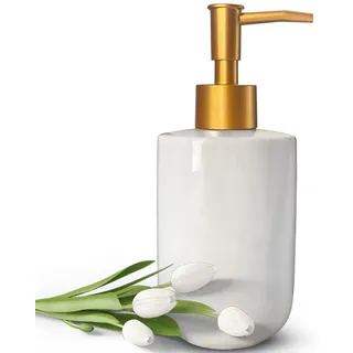 Flüssigseifenspender für Badezimmer mit goldfarbener Pumpe, Spülseifenspender für Küchenspüle, nachfüllbar, Arbeitsplatte, Lotion, Keramik, weißer Handseifenspender für Dusche, 420 ml (zylindrische