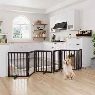 Semiocthome Hundegitter aus Bambus für das Haus, extra breit, 6 Paneele, freistehende Haustiergitter mit 4 Metallständern für Türen und Treppen, 61 cm hoch, Faltbare Hundezäune im Innenbereich