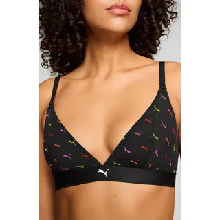 Bügelloser BH PUMA "PUMA WOMEN PRINTED MESH TRIANGLE TOP", Damen, Gr. L, N-Gr, schwarz combo, Microtouch, Obermaterial: 70% Polyamid, 30% Elasthan, BHs Bügelloser BH, mit buntem allover Logodruck, verstellbare Träger, mit Mesh-Details