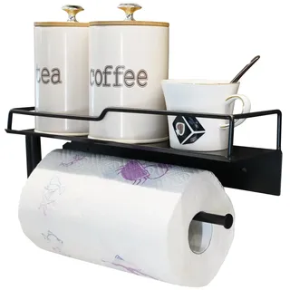 Honsdom Küchenrollenhalter Wandmontage, Gewürzregal mit Küchenpapierhalter, Gewebespenderrollen Ohne Bohren, Gewürz Organizer für Küchen (Schwarz)