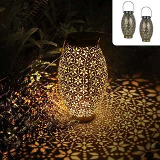 Görvitor Solarlaternen für Außen 2 Stück, LED Metall Solar Laterne für Draußen IP65 Wasserdicht, Hängend/Stehend Solarlampen für Außen Garten Vintage deko Balkon Terrasse Rasen Weihnachten (Schwarz)