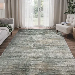GENIMO Waschbarer Teppich Moosgrün 200 x 290 cm Modern Abstrakt Wohnzimmer Schlafzimmer rutschfest Kurzflor Weich Teppich für Wohnzimmer Esszimmer Büro