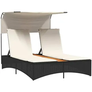 vidaXL Doppel-Sonnenliege mit Dach und Auflagen Schwarz Poly Rattan - Beige, Weiß