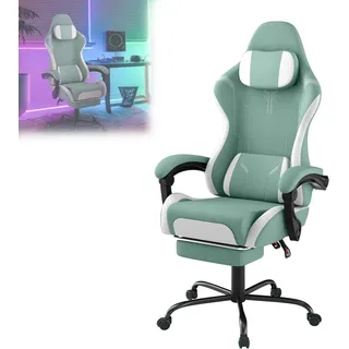 VA-Cerulean Gaming Stuhl Massage Computerstuhl Ergonomisch Gaming Sessel Bürostuhl Drehstuhl mit Massage Lendenkissen, Fußstütze, Gepolsterte(Grün) - Grün