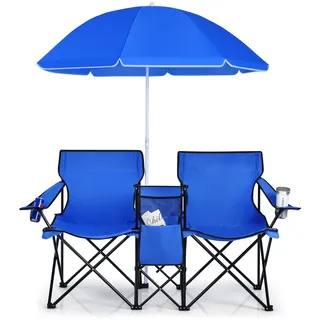 FANTASK klappbarer Angelstuhl mit einem abnehmbaren Schirm, 2-Sitzer Camping-Stühle, Campingstuhl mit Tragetasche, Faltstuhl, Tiefblau