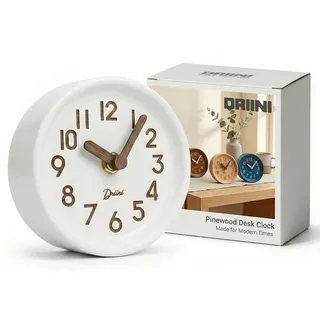 Driini Analoge Tischuhr aus Holz, 10,9 cm, dekoratives Kiefernholz, kein Ticken, leicht zu lesen, geräuschlos, schleichende Kaminuhr, leise Tischuhren mit Holzkörper, Zeigern und Batterieabdeckung