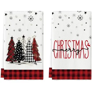 Artoid Mode Rot Weiß Büffelkaro Bäume Weihnachten Küchentücher Geschirrtücher, 42x65 cm Schneeflocken Deko Polyester Handtücher 2er Set