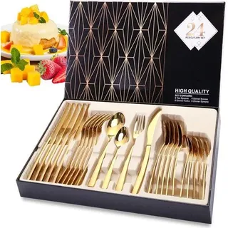 Unyqoos® Besteckset 24-teilig für 6 Personen – goldenes Edelstahl-Besteck (Messer, Gabel, Esslöffel, Teelöffel), hochglanzpoliert, spülmaschinengeeignet, mit Geschenkbox - Gold