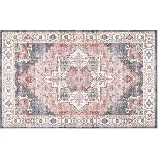 Carvapet Waschbar Läufer Teppich 150x210cm rutschfest Lang Dünner Teppiche Gegend Vintage Medaillon Rosa Teppich für Wohnzimmer Schlafzimmer Küche