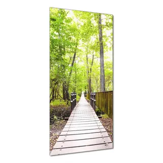 Wallario selbstklebende Duschrückwand 90 x 190 cm mit Motiv Spaziergang im Wald Holzweg über einen Fluss - Wandverkleidung mit Hochglanzlaminat in Glasoptik - Gelb