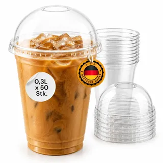Logipack Smoothie Becher 0,3 L - 50 Stück - inkl. Domdeckel mit Öffnung | Klare Trinkbecher für Smoothies, Shakes, Eiskaffee, Bubble Tea und weitere Kaltgetränke