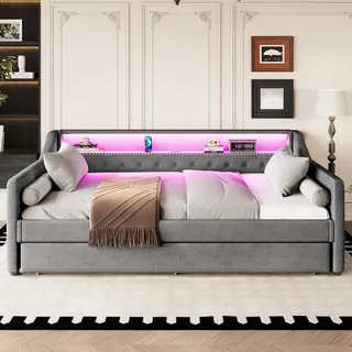 okwish Schlafsofa 90x200 Daybett Jugendbett mit LED-Beleuchtung und USB-Ladeanschlüssen,Tagesbett mit Ausziehbett / Lattenrost,Grau(ohne Matratze) - Weiß