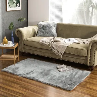 Teppich Wölkchen Schaffell Lammfell Imitat Fellteppich Kunstfell Teppich Waschbar - Flauschiger Teppich Wohnzimmer, Bettvorleger Schlafzimmer - Grau - 80x150 cm