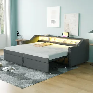 Flieks Polsterbett Schlafsofa 90x200cm/180x200cm, Tagesbett Daybed mit Unterbett, Holzbett Sofabett mit USB und LED, Funktionsbett Leinen, Dunkelgrau - Dunkelgrau