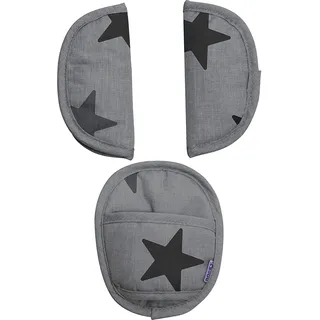 Dooky Universal Pads Gurtpolster Babyschale 3er Set, Grey Stars | Set aus 2 Schulterpolstern und 1 Schrittpolster, für 3- und 5-Punkt-Gurte, außen Baumwolle, per Klett montiert